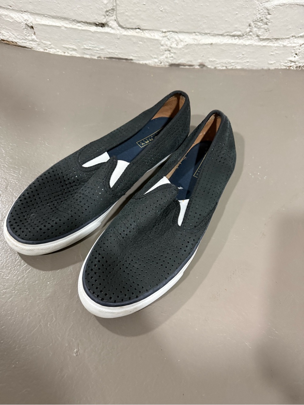 Sperry Black Perforated Slip-On Loafers with White Trim